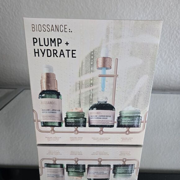 Biossance Plump and Hydrate Skincare Set Amino Aloe Eye Cream Cleanser Serum